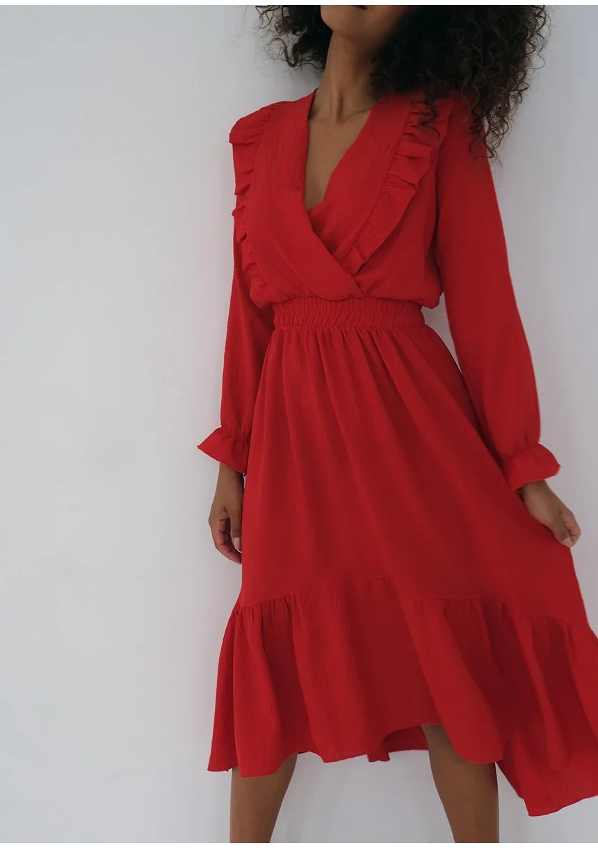 Verena - Sukienka midi z falbanką Czerwona