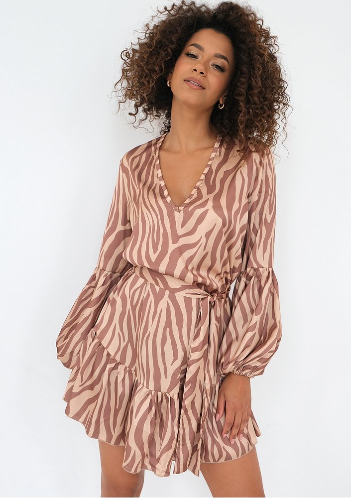 Lavra - Beige zebra printed mini satin dress