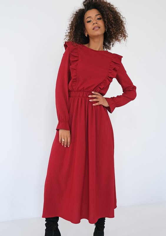 Olena -Claret midi dress with frills
