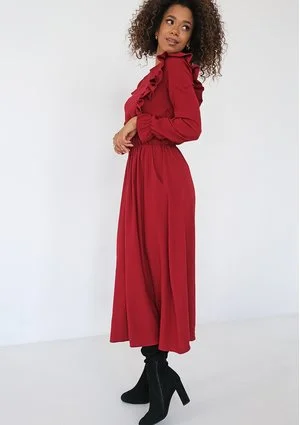 Olena -Claret midi dress with frills