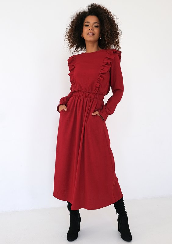 Olena -Claret midi dress with frills