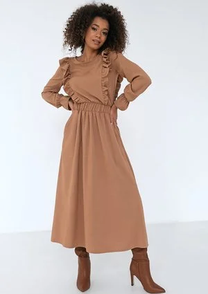 Olena - Caramel brown midi dress with frills