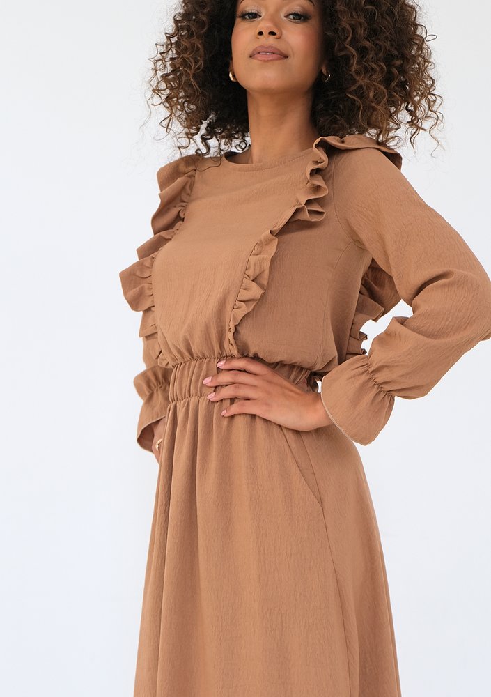 Olena - Caramel brown midi dress with frills