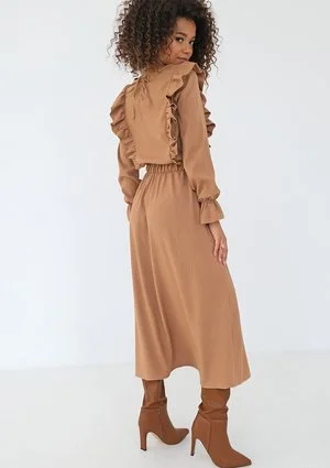 Olena - Caramel brown midi dress with frills