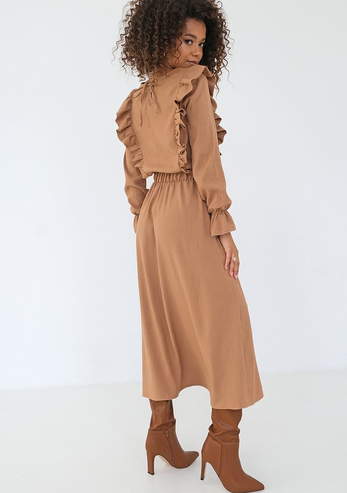 Olena - Caramel brown midi dress with frills