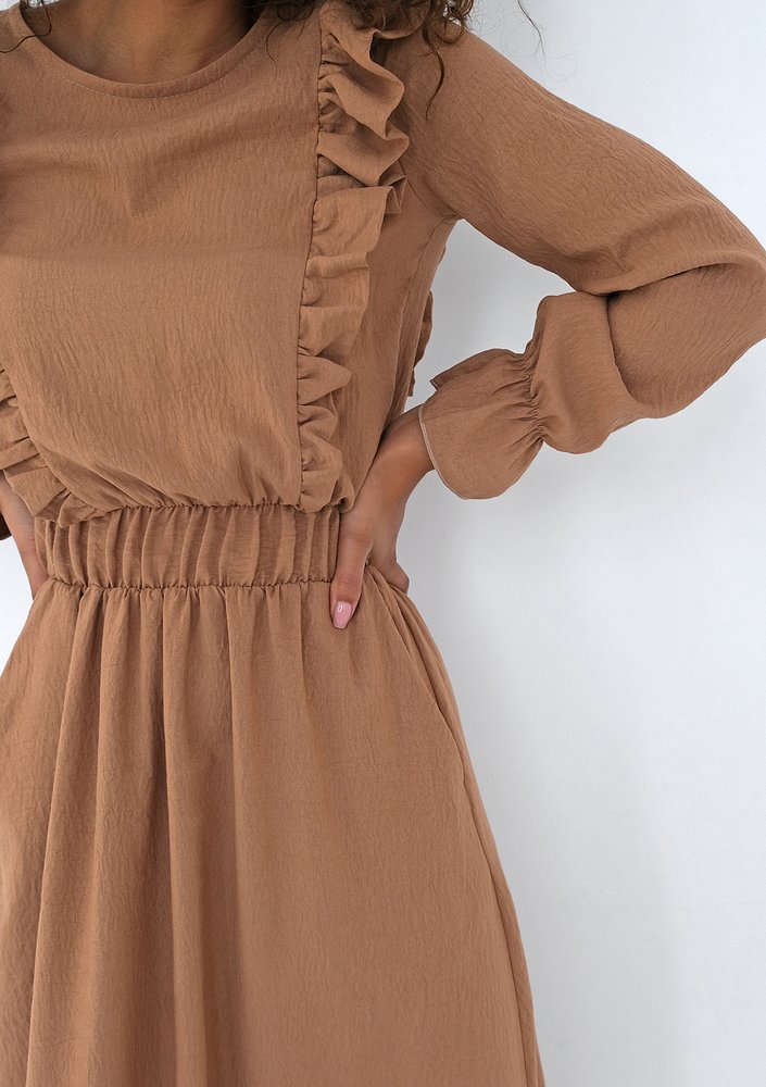 Olena - Caramel brown midi dress with frills