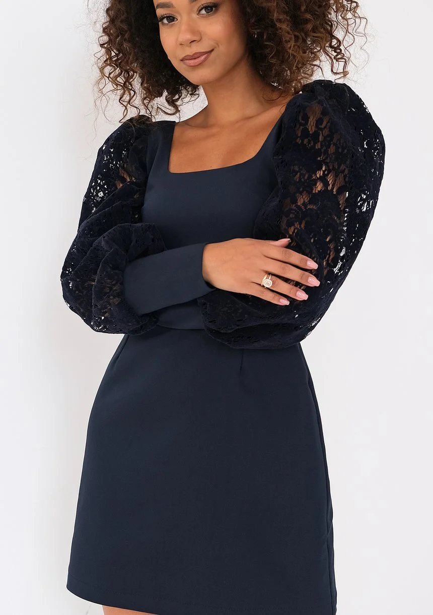 Nadine - Navy blue mini dress with lacy sleeves