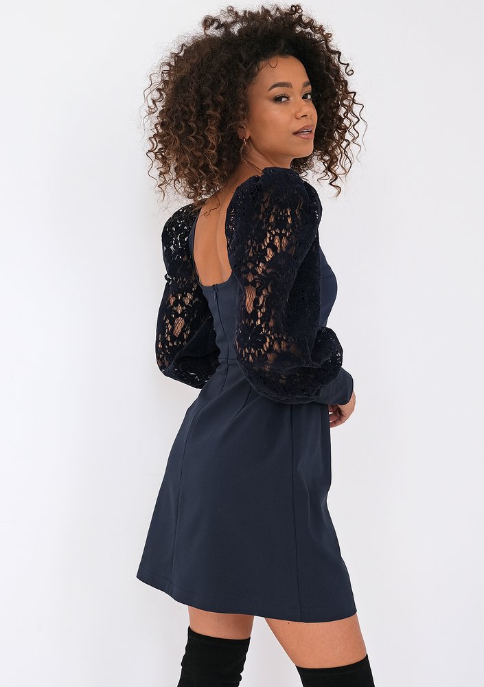 Nadine - Navy blue mini dress with lacy sleeves