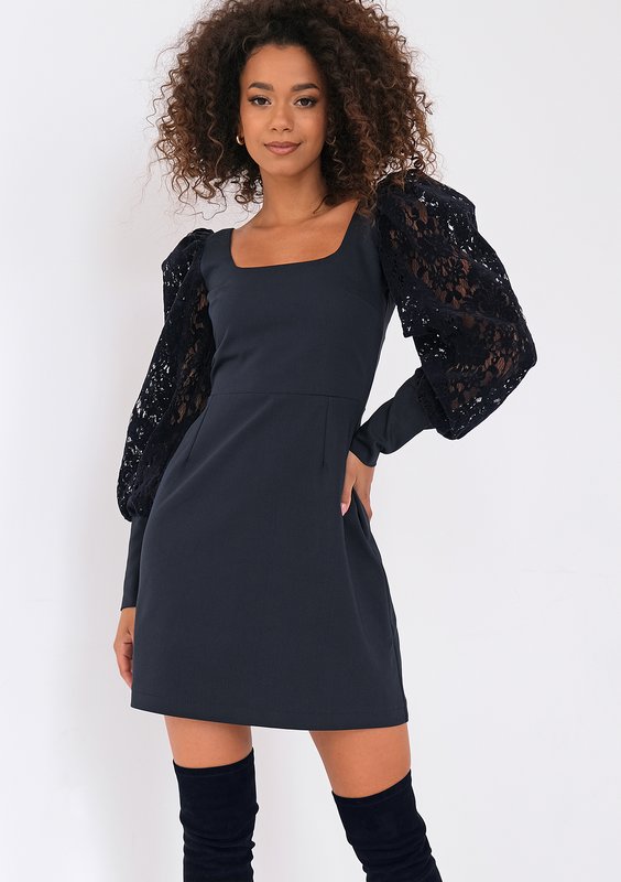 Nadine - Navy blue mini dress with lacy sleeves