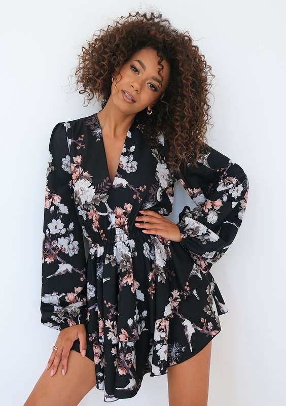 Mia - Black floral printed mini dress with frills
