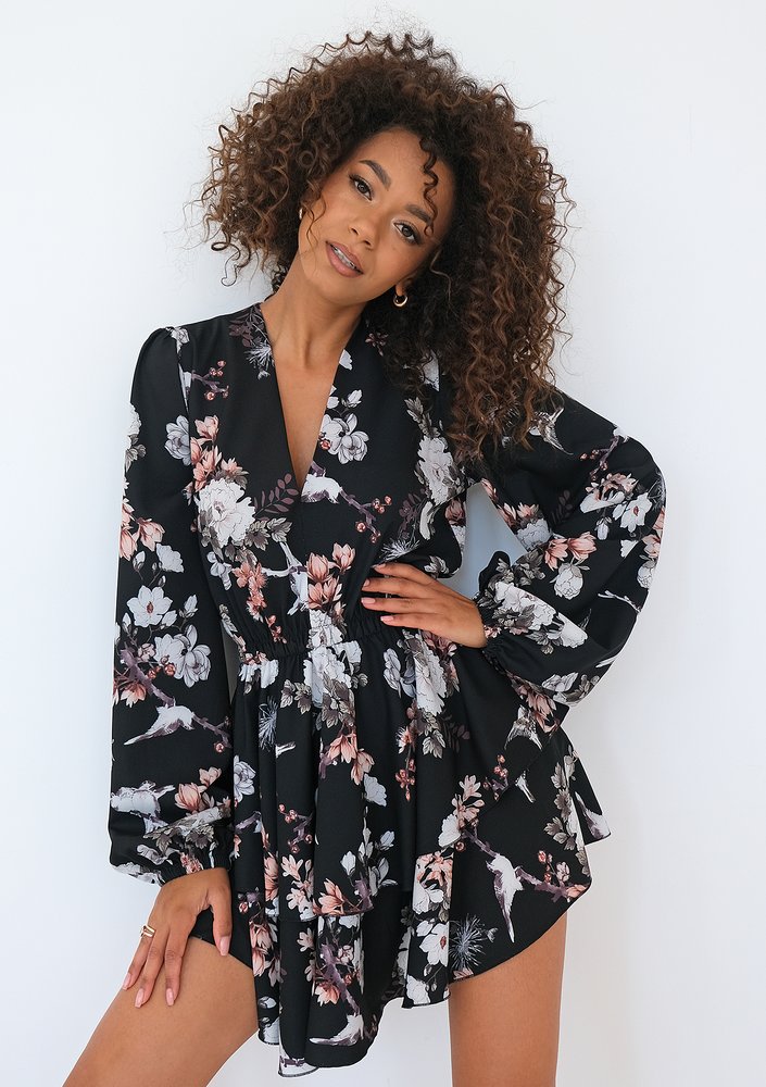 Mia - Black floral printed mini dress with frills