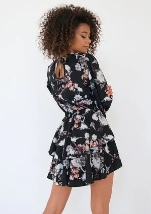Mia - Sukienka z falbankami w kwiatki Czarna