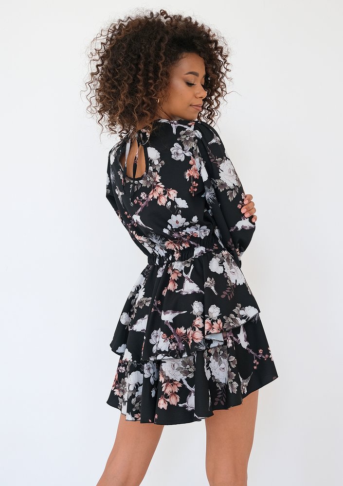 Mia - Black floral printed mini dress with frills