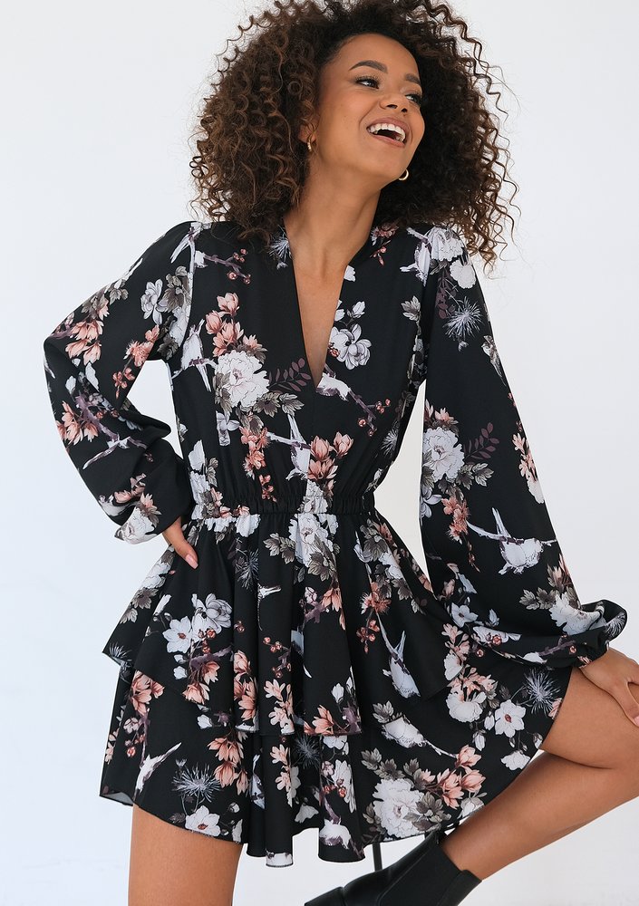 Mia - Black floral printed mini dress with frills
