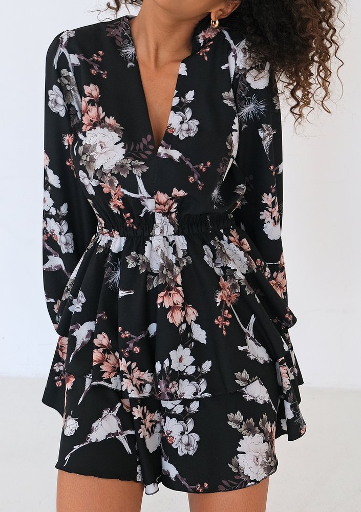 Mia - Black floral printed mini dress with frills