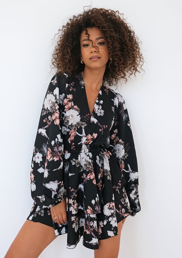 Mia - Black floral printed mini dress with frills