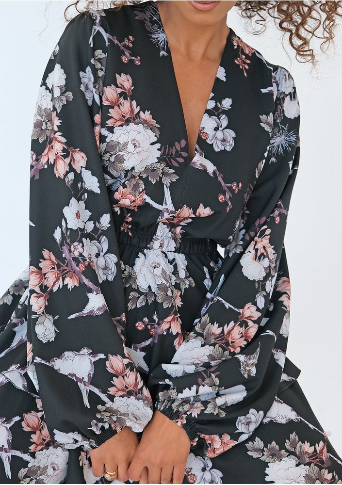 Mia - Black floral printed mini dress with frills