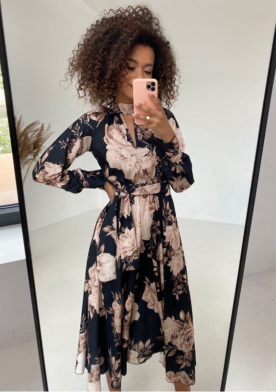 Florence - Black floral midi dress
