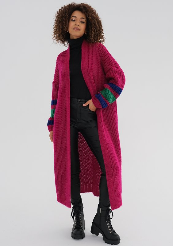 Vind - Long fuchsia pink cardigan in stripes