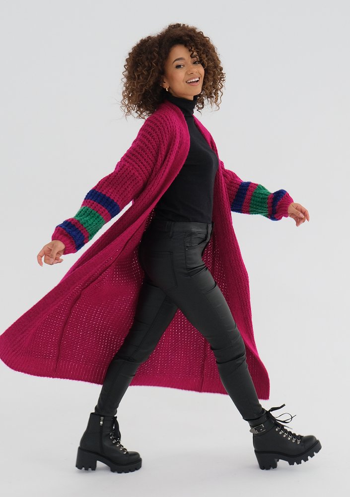 Vind - Long fuchsia pink cardigan in stripes