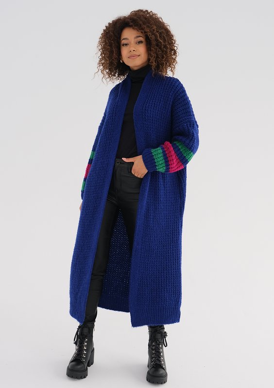 Vind - Long cobalt blue cardigan in stripes