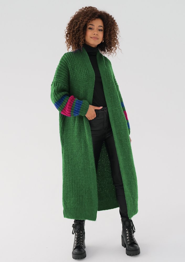 Vind - Long green cardigan in stripes