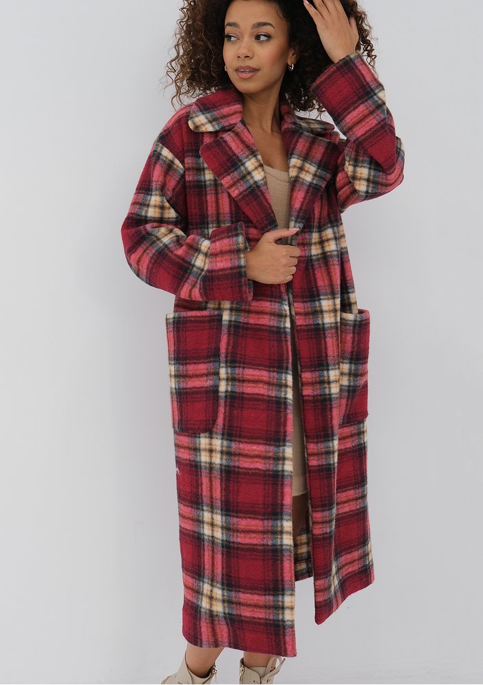 Sage - Red checked tied coat