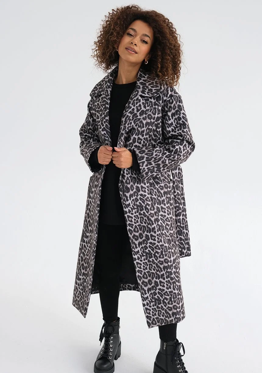 Sage - Grey leopard printed tied coat