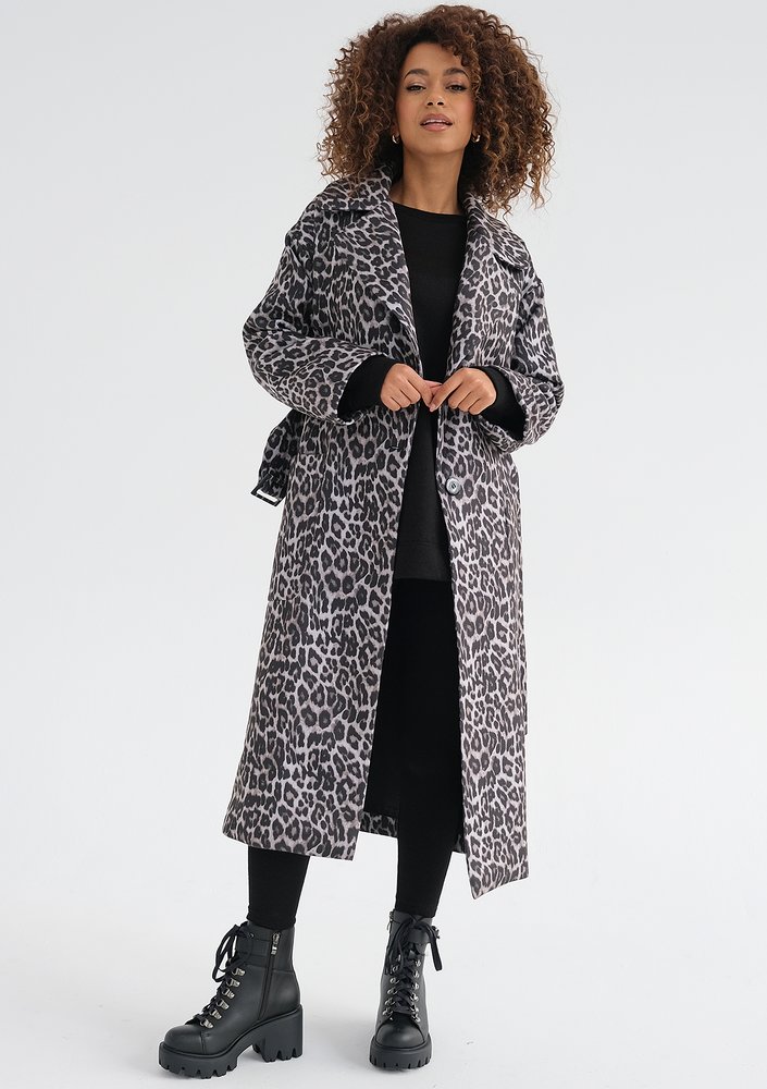 Sage - Grey leopard printed tied coat