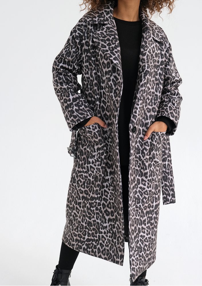 Sage - Grey leopard printed tied coat