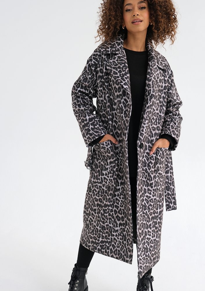Sage - Grey leopard printed tied coat