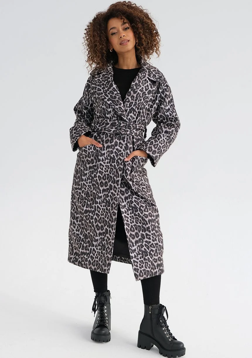 Sage - Grey leopard printed tied coat