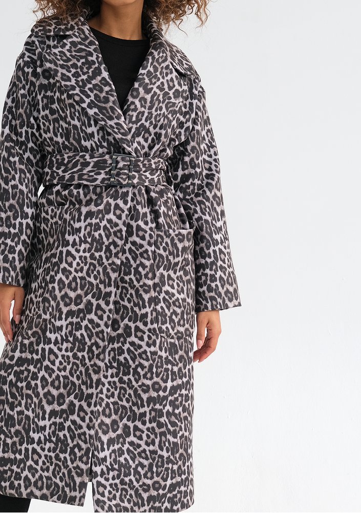 Sage - Grey leopard printed tied coat