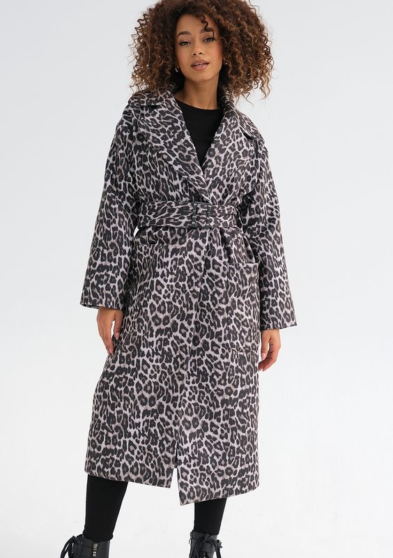 Sage - Grey leopard printed tied coat