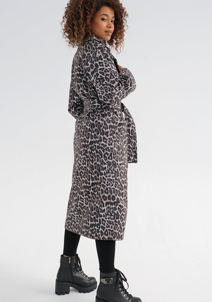 Sage - Grey leopard printed tied coat