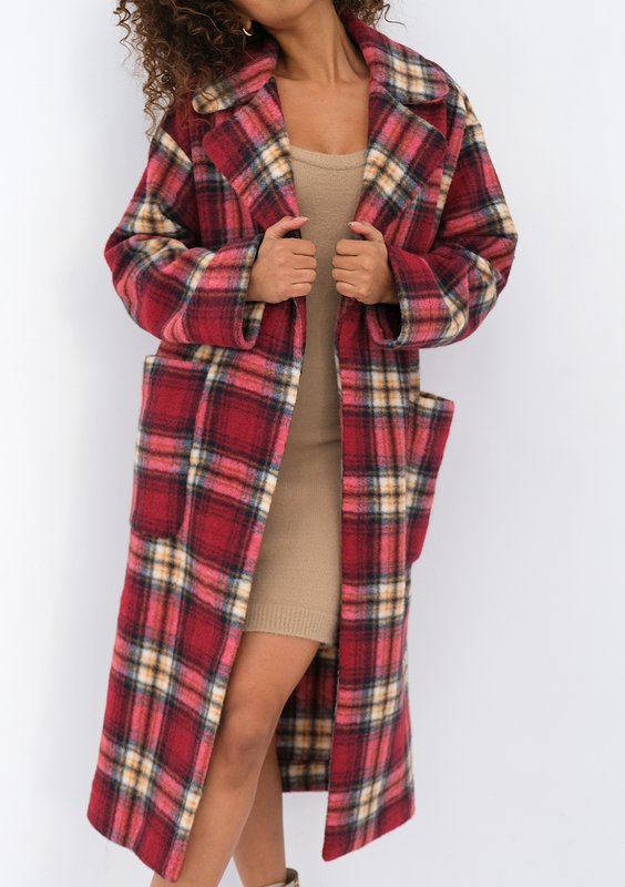 Sage - Red checked tied coat