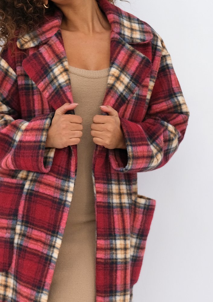 Sage - Red checked tied coat
