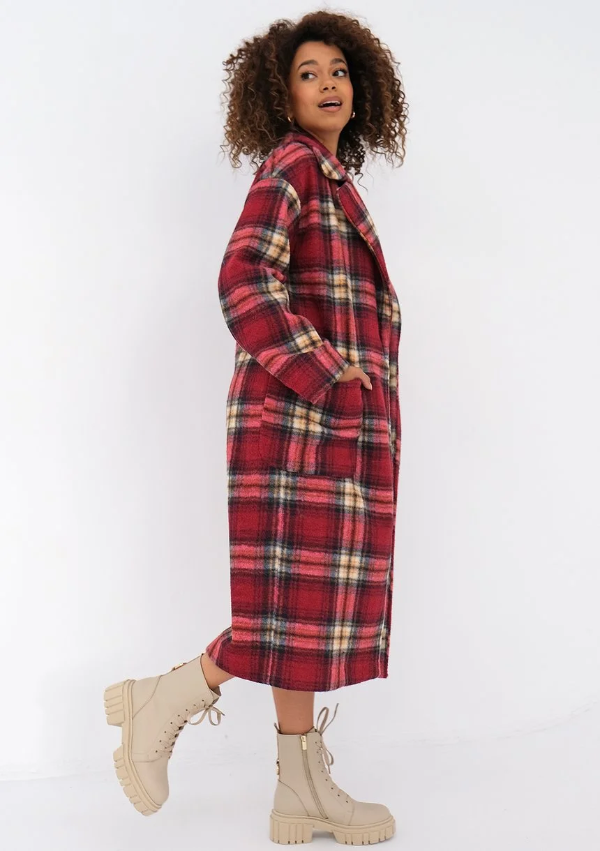 Sage - Red checked tied coat