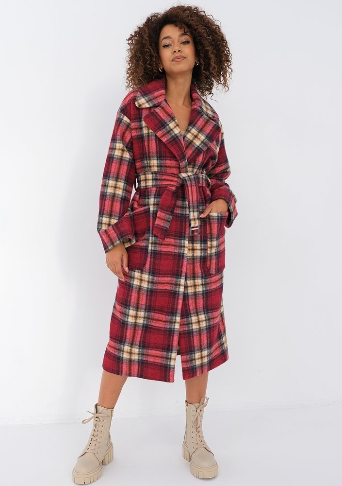 Sage - Red checked tied coat