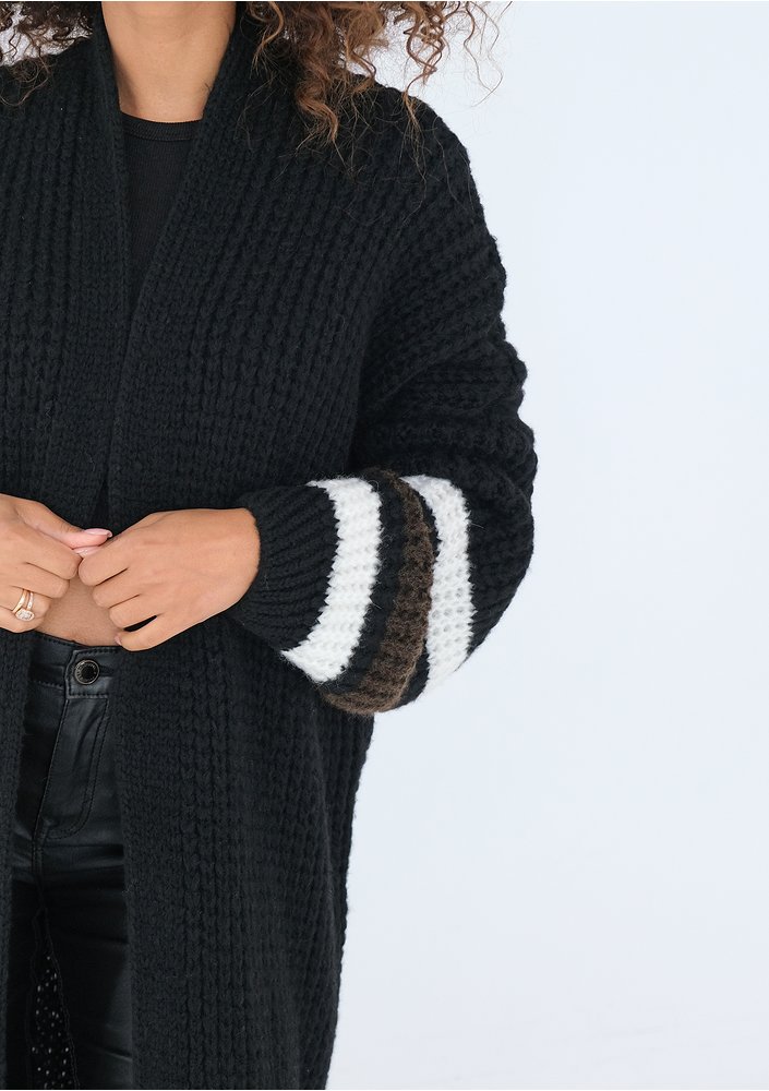 Vind - Long black cardigan in stripes
