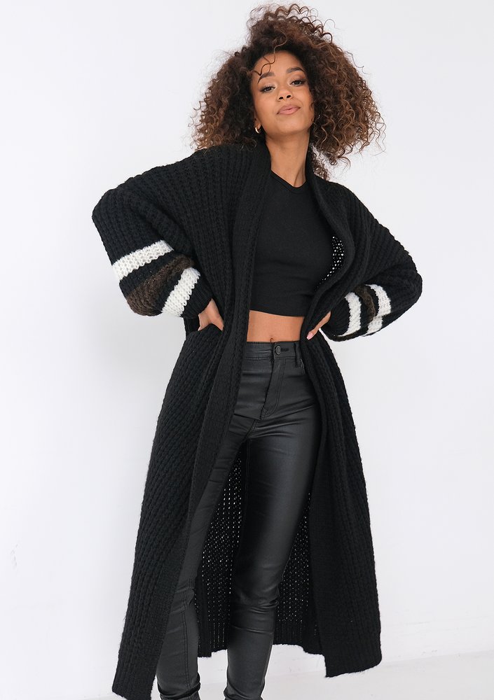 Vind - Long black cardigan in stripes