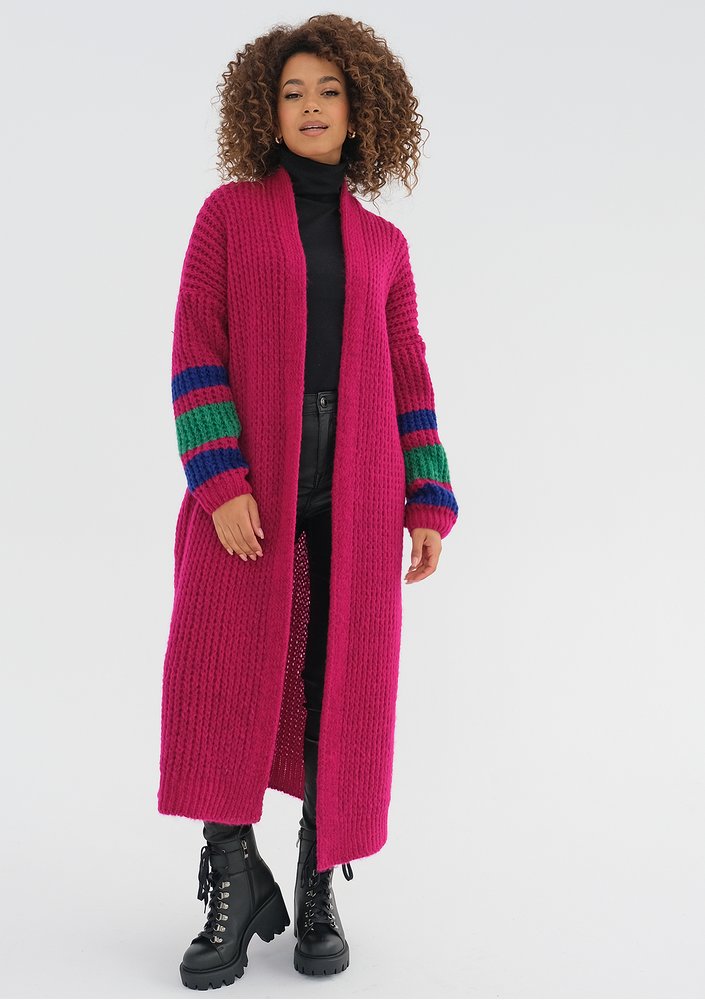 Vind - Long fuchsia pink cardigan in stripes