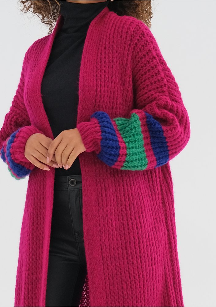 Vind - Long fuchsia pink cardigan in stripes