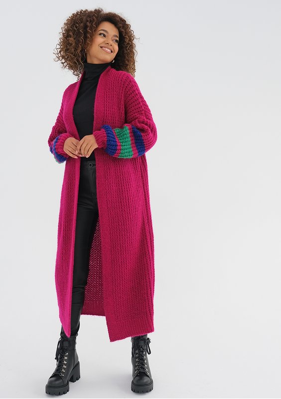 Vind - Long fuchsia pink cardigan in stripes