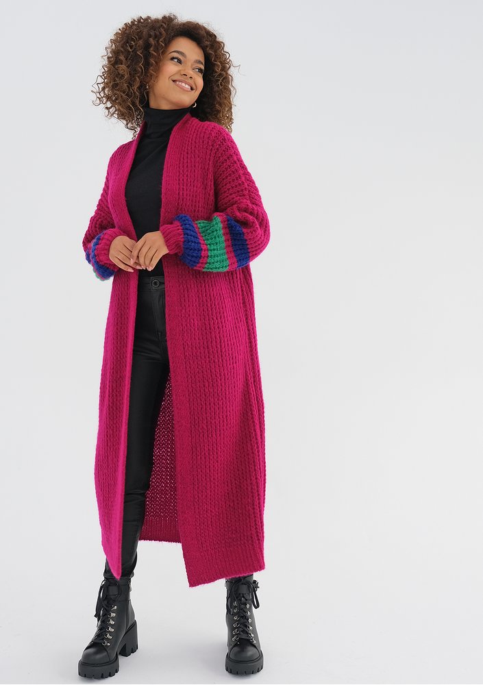 Vind - Long fuchsia pink cardigan in stripes