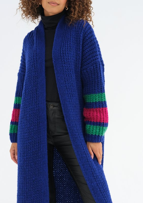Vind - Long cobalt blue cardigan in stripes