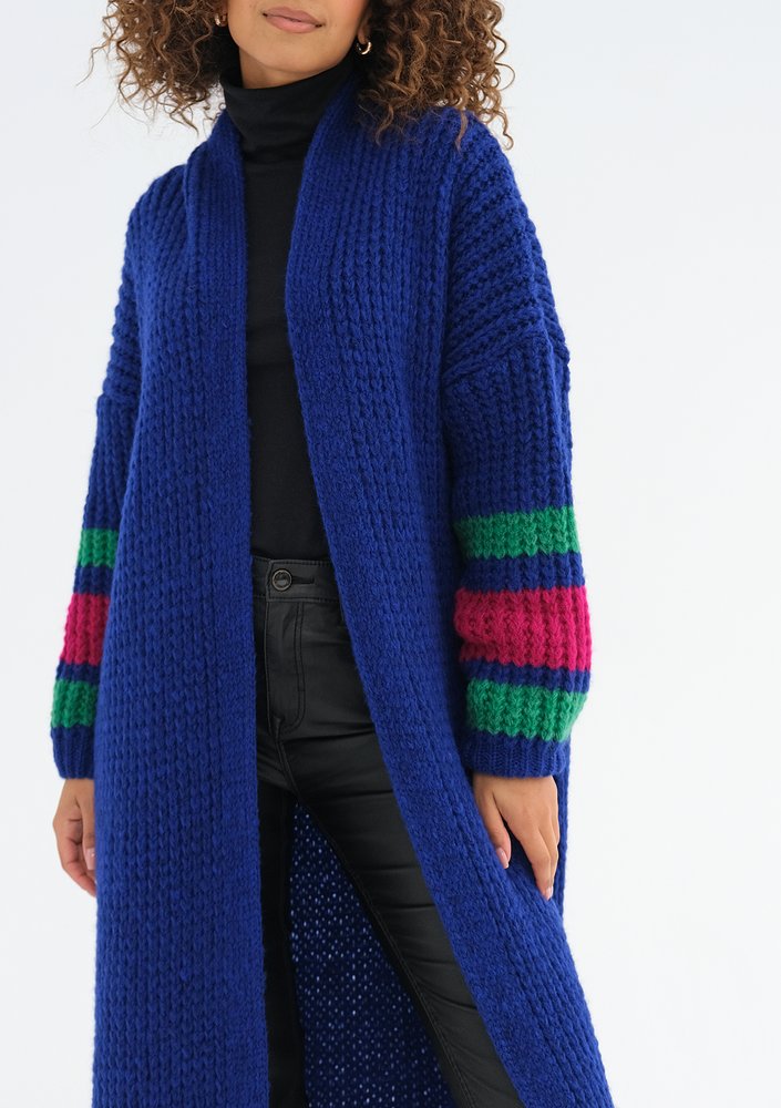 Vind - Long cobalt blue cardigan in stripes