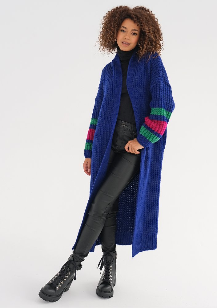 Vind - Long cobalt blue cardigan in stripes