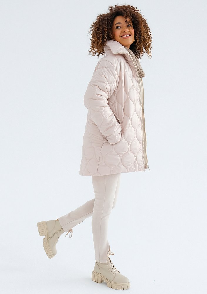 Rena - Long beige quilted jacket