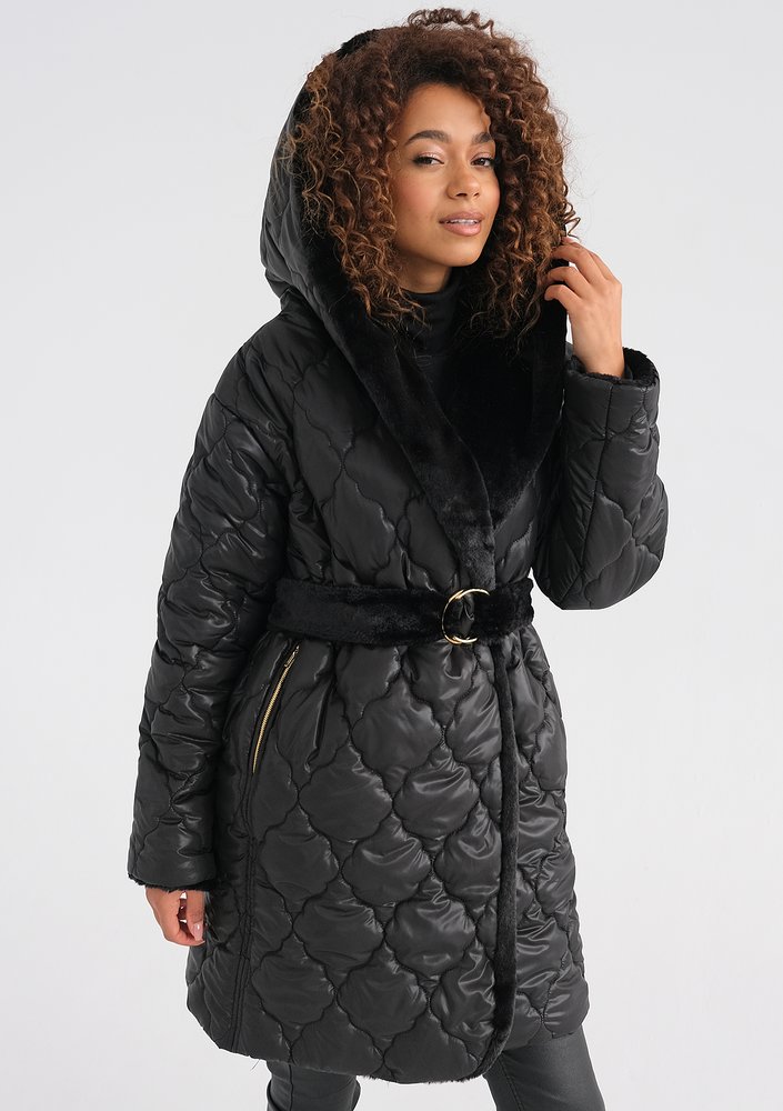 Numi - Black quilted tied coat